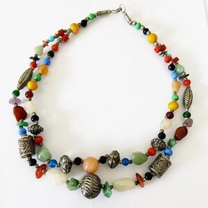 Vintage multi stone silver concho bead native double strand necklace 18”
